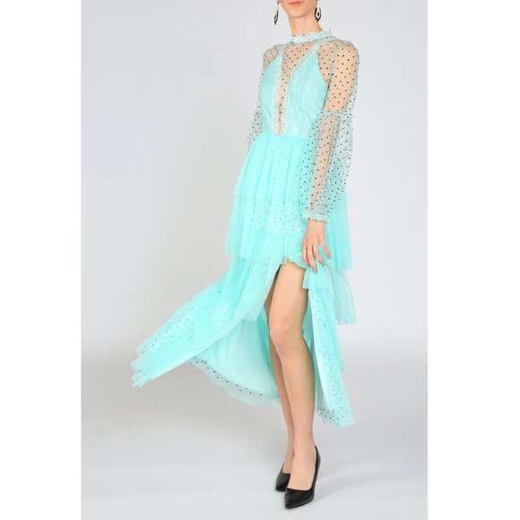 BeulahStyle Dresses & Skirts - NWT Teal Polka Dot Long Sleeve Tulle Mesh Tiered Maxi Dress | Size S